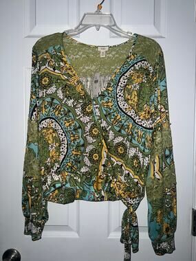 Anthropologie Tiny Green Yellow Floral Long Sleeve Wrap Blouse w/ Lace Sz M NWT